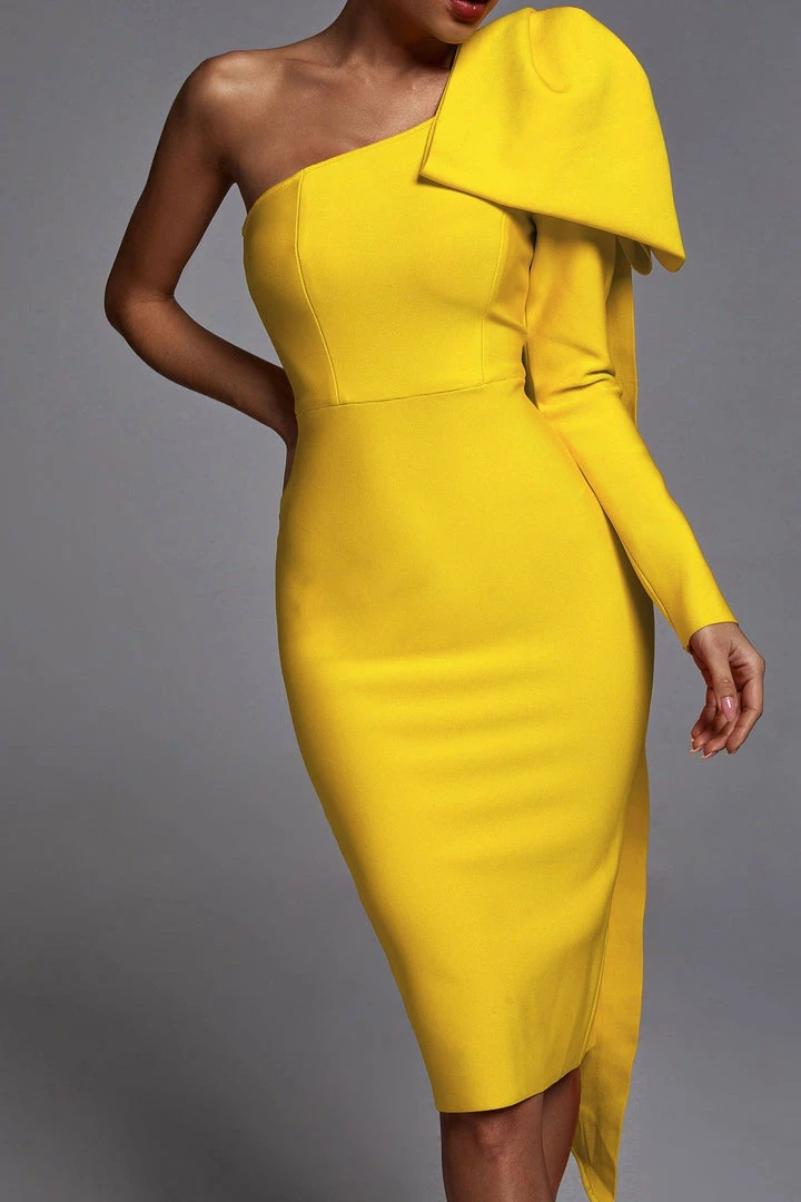 Bellabarnett CLOTHING Abbey Yellow One Shoulder Bandage Dress