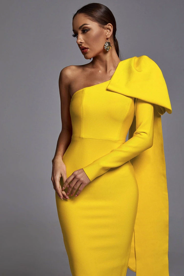 Bellabarnett CLOTHING Abbey Yellow One Shoulder Bandage Dress