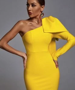 Bellabarnett CLOTHING Abbey Yellow One Shoulder Bandage Dress