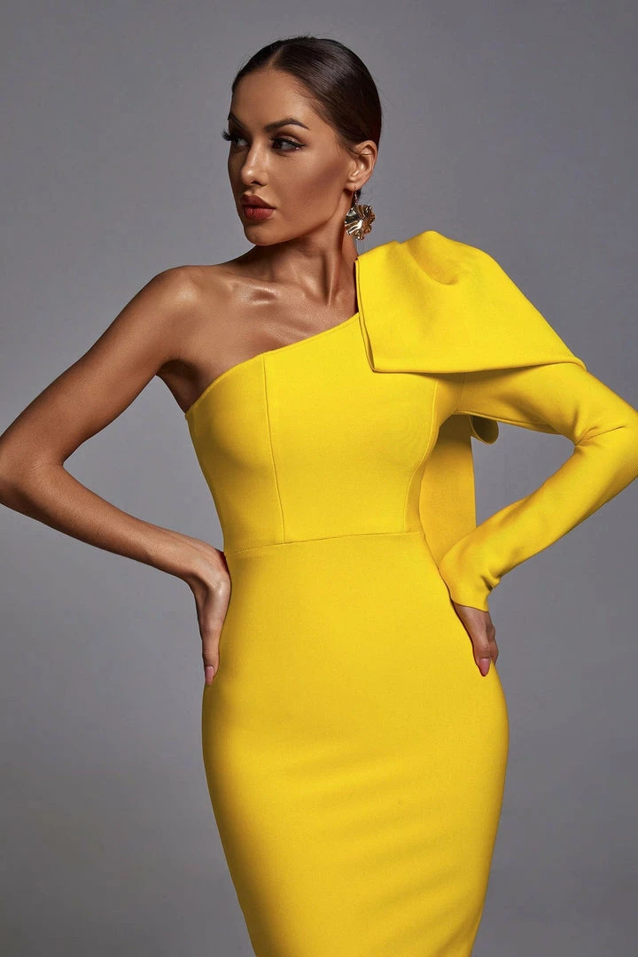 Bellabarnett CLOTHING Abbey Yellow One Shoulder Bandage Dress