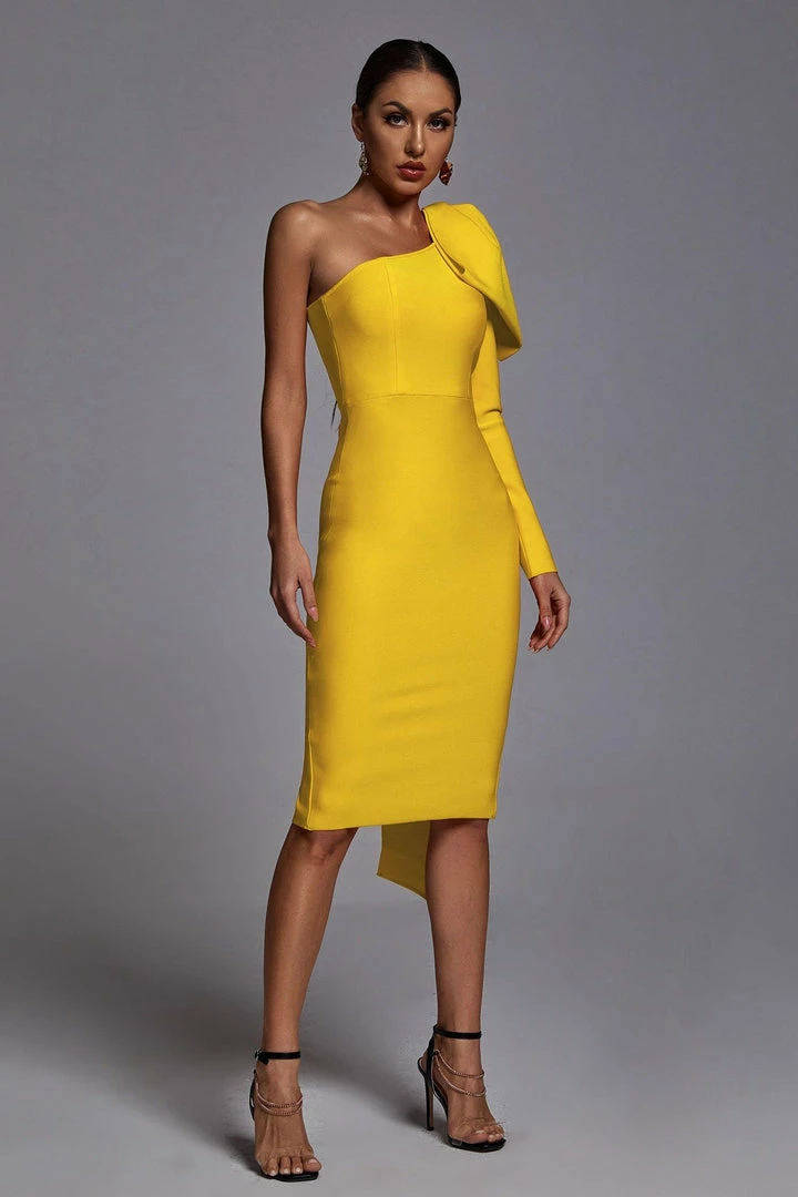 Bellabarnett CLOTHING Abbey Yellow One Shoulder Bandage Dress