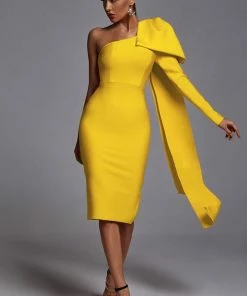 Bellabarnett CLOTHING Abbey Yellow One Shoulder Bandage Dress