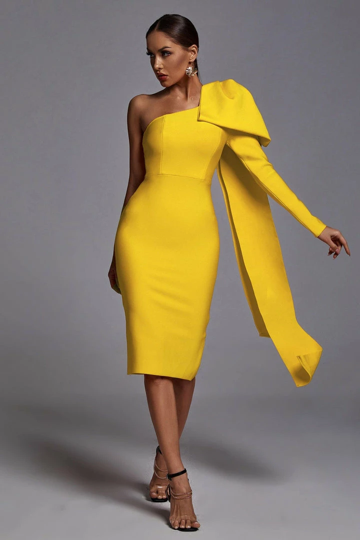 Bellabarnett CLOTHING Abbey Yellow One Shoulder Bandage Dress